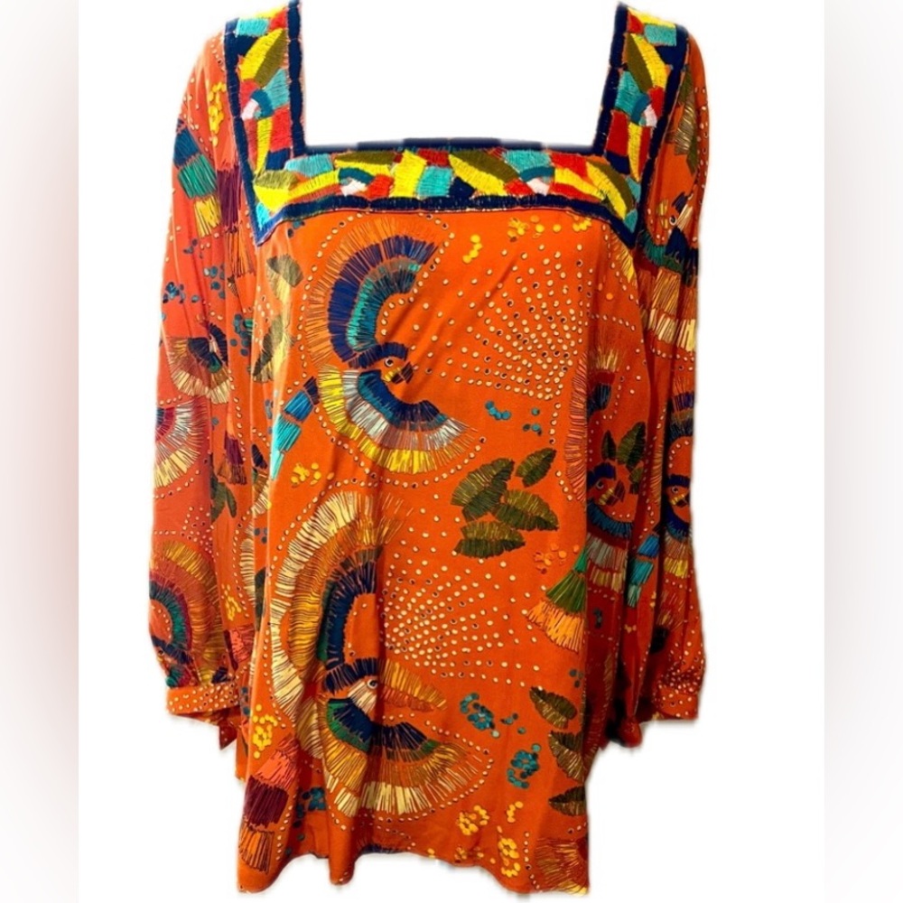 Anthropologie Orange Multi-Color Embroidered Square-Neck Blouse